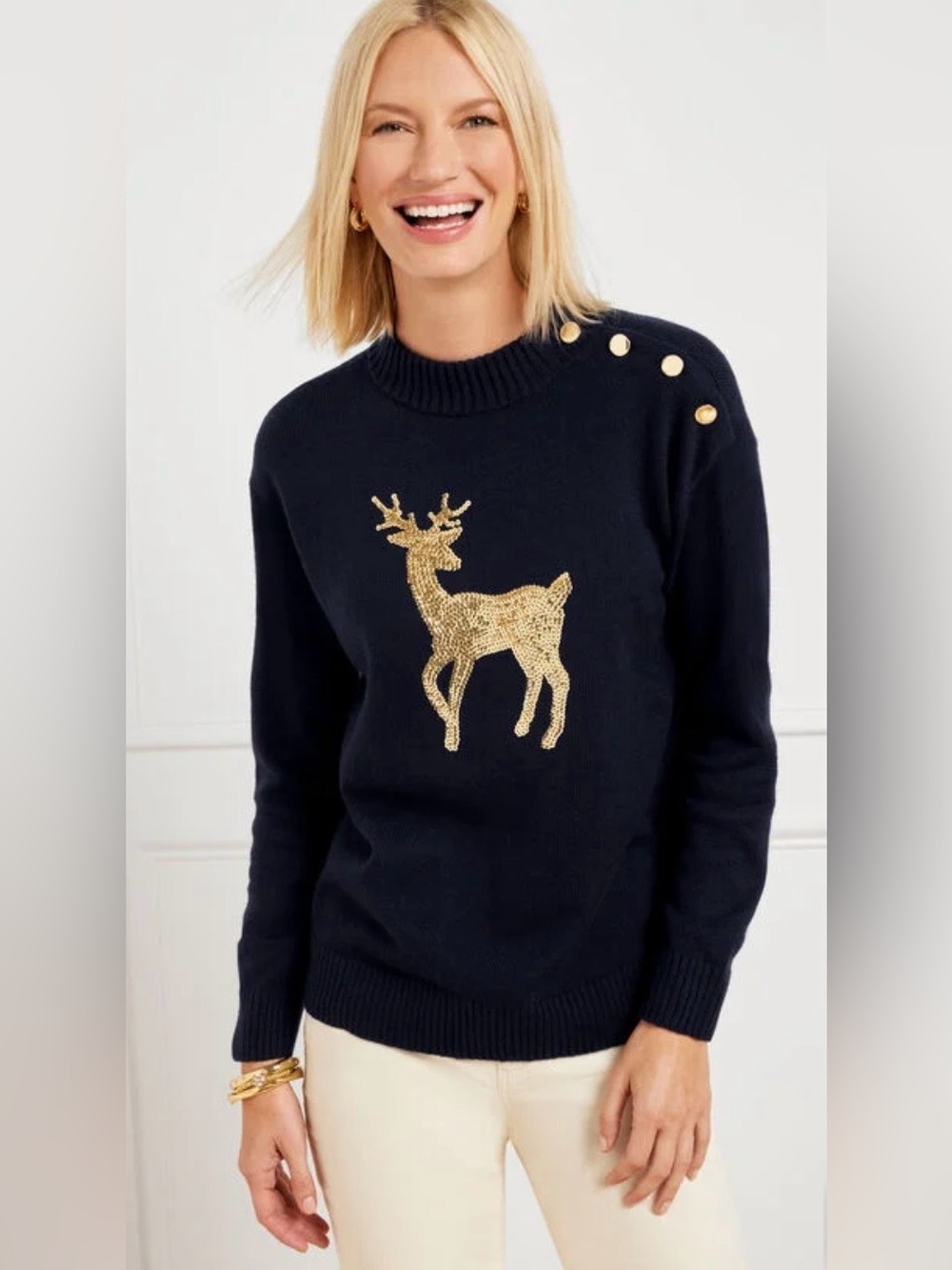 Talbots Button Mockneck Knit Sweater Sequin Gold Rain Deer Navy Blue Size M NWT